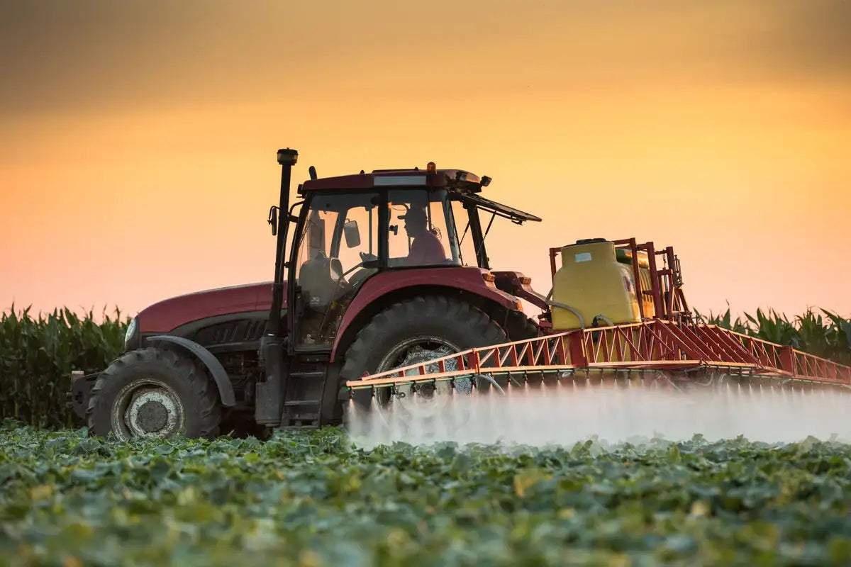 Tractor spraying crops in a field at sunset, with a vibrant orange sky in the background. The image captures the tractor equipped with a large sprayer, actively dispersing mist over lush green vegetation.