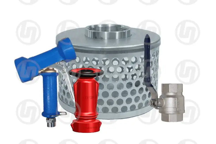 A collection of products centred around a hose strainer. Also shown is some hose nozzles