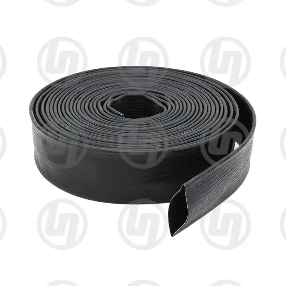 A long coil of layflat hose, black with reinforcement strips