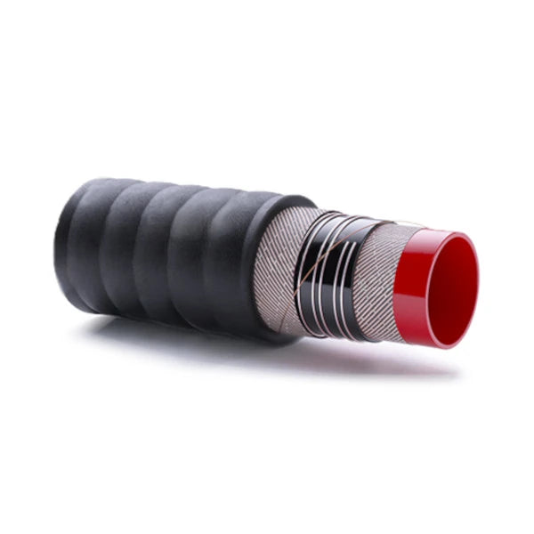 GeoVac Rubber Abrasive Vacuum Hose — corrugated black rubber cover with steel helix reinforcement and red para rubber tube, for hydro excavation boom and extension hose applications