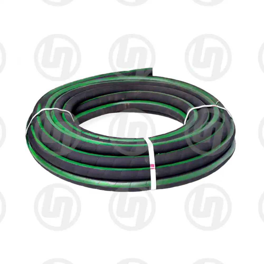 A long coil of black rubber hose with a green strip along its length 